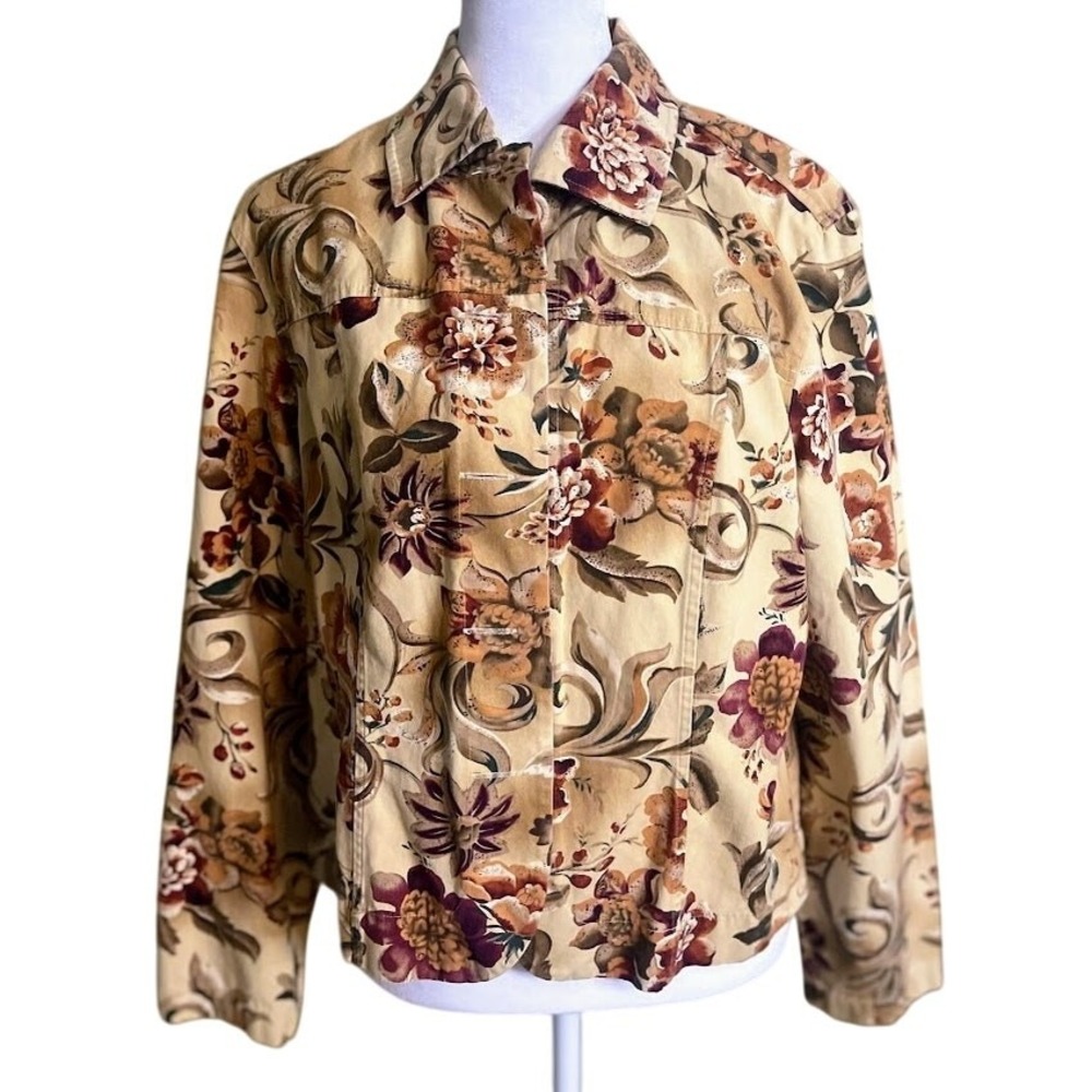 Coldwater Creek Floral  Jacket Womens PM Tan Excellent Button Up Cotton